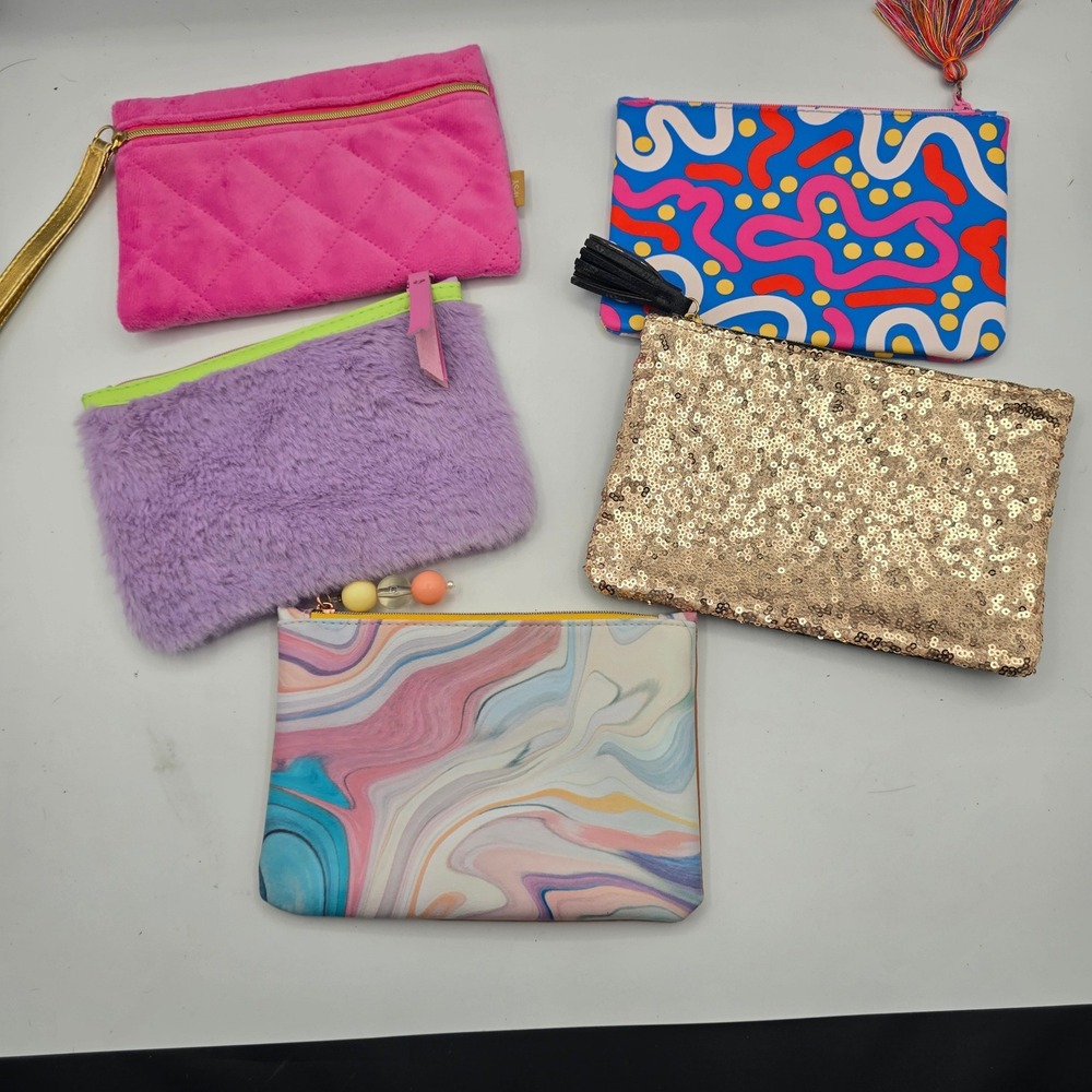 Ipsy Makeup Bag Lot of 5 Pink Velvet Faux Fur Gold Sequin Marble Abstract Pouch